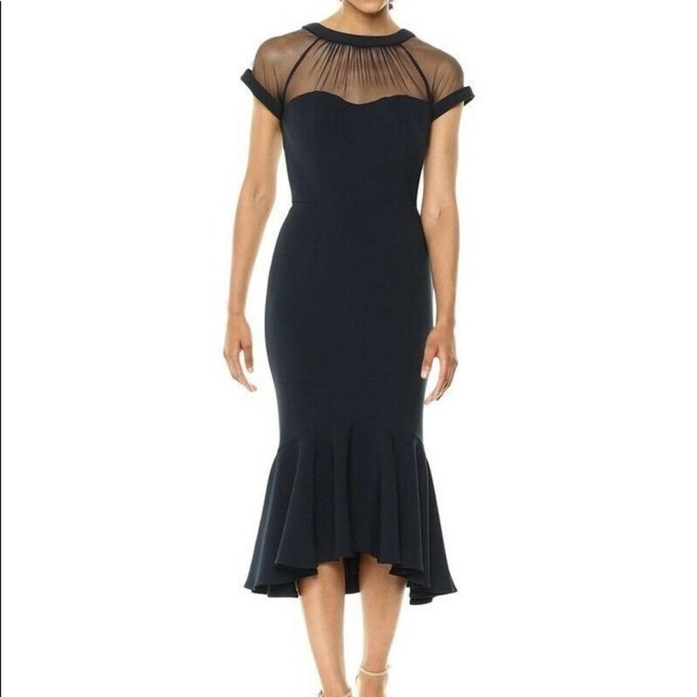 Maggy London 4 Maxi Dress Mesh Round Neck Ruffle Bottom Short Sleeve Blue